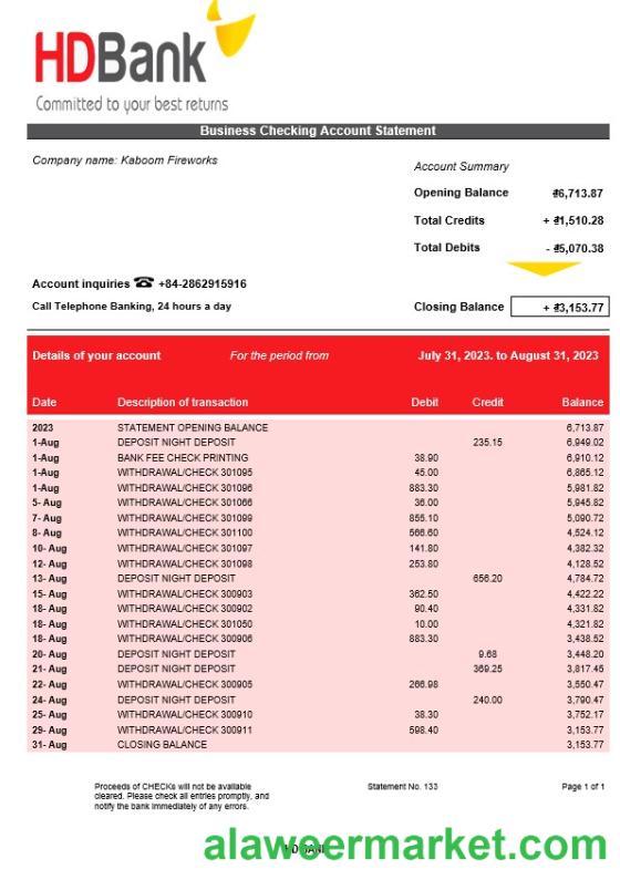 HD Bank company account statement Word and PDF template